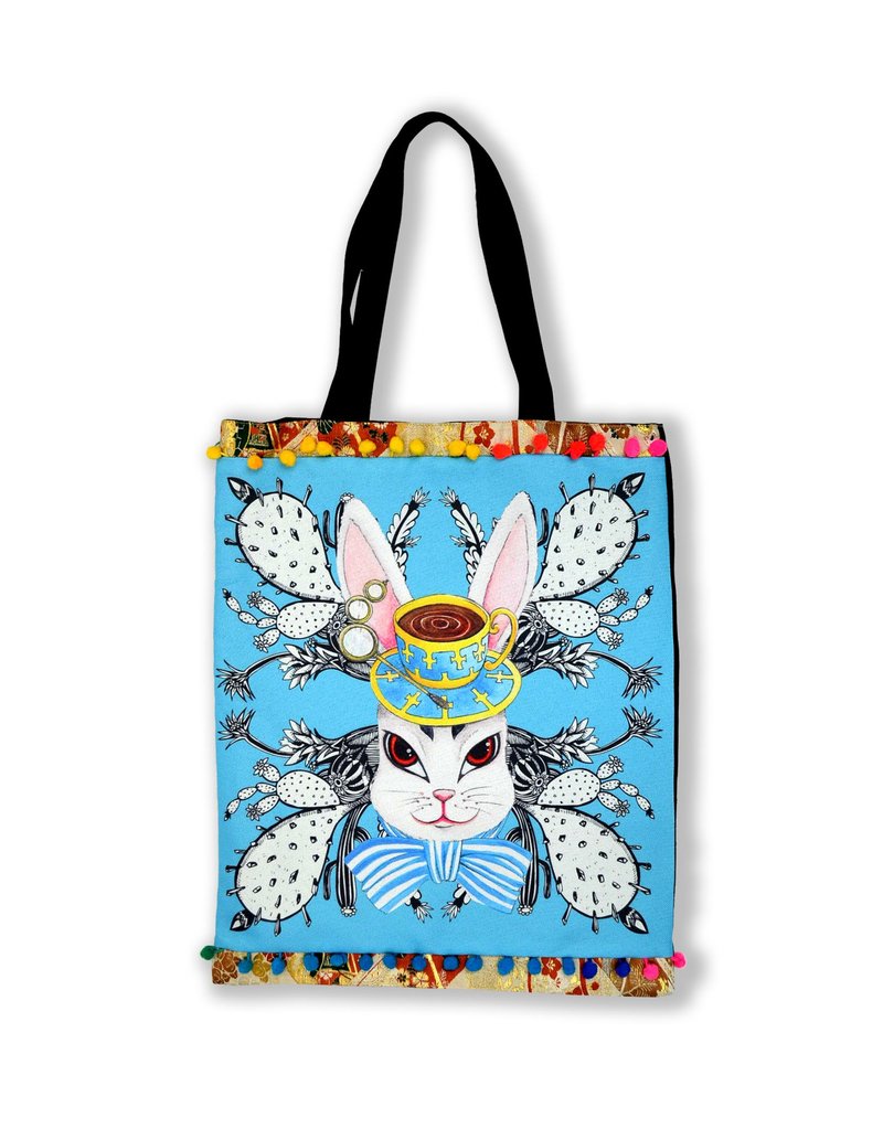 双面购物袋 TOTE BAG 兔子伯爵印花 日本和服织锦缀彩色小球花边 - 侧背包/斜挎包 - 棉 
