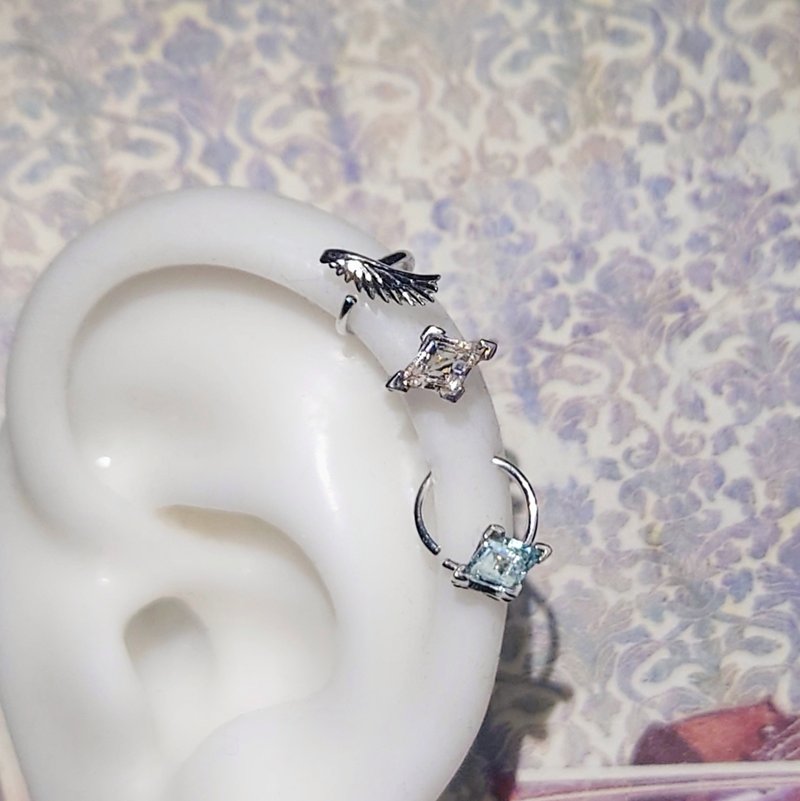 菱形绿柱石 纯银耳骨洞耳环 软骨耳环 - 耳环/耳夹 - 纯银 银色