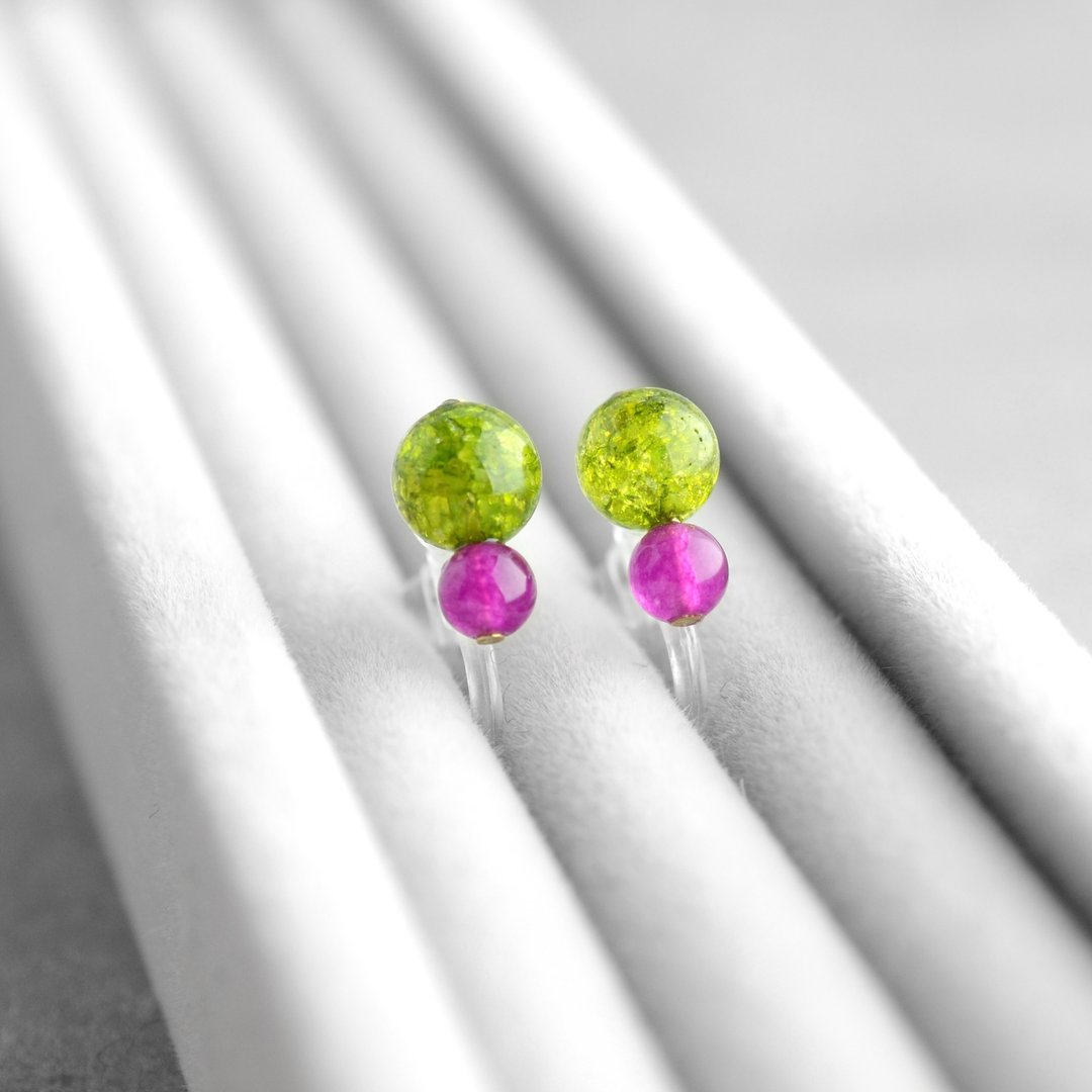 Bicolor Clip-On, Crush Green, Cranberry Pink, Crystal, Jade, Birthday Gift, Made in Japan - 耳环/耳夹 - 水晶 绿色
