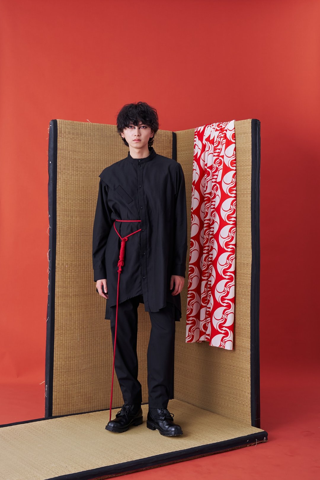 长袖衬衫/羽织/不对称/长板/24AW-INF - 男装衬衫 - 棉 黑色