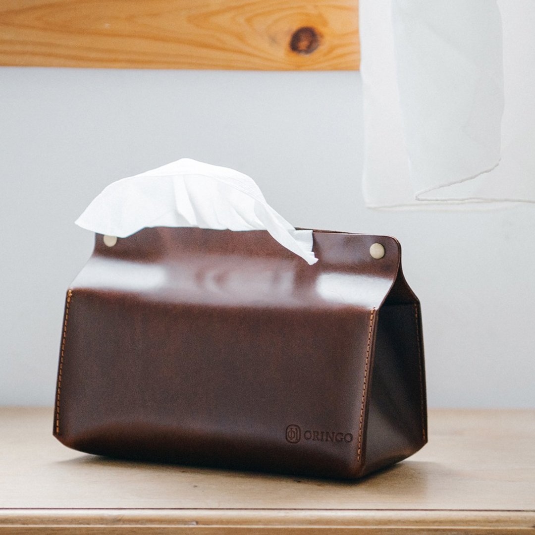 【圣诞节礼物】真皮手工面纸套 Leather Tissue Bag 可可棕 - 纸巾盒 - 真皮 红色