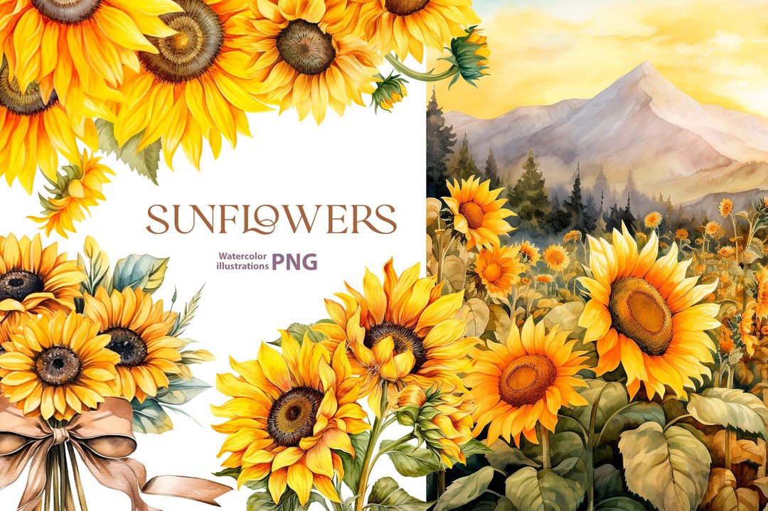 水彩向日葵剪贴画集,5 Png PNG剪贴画夏天剪贴画,水彩秋天,水彩画 - 电子手帐及素材 - 其他材质 