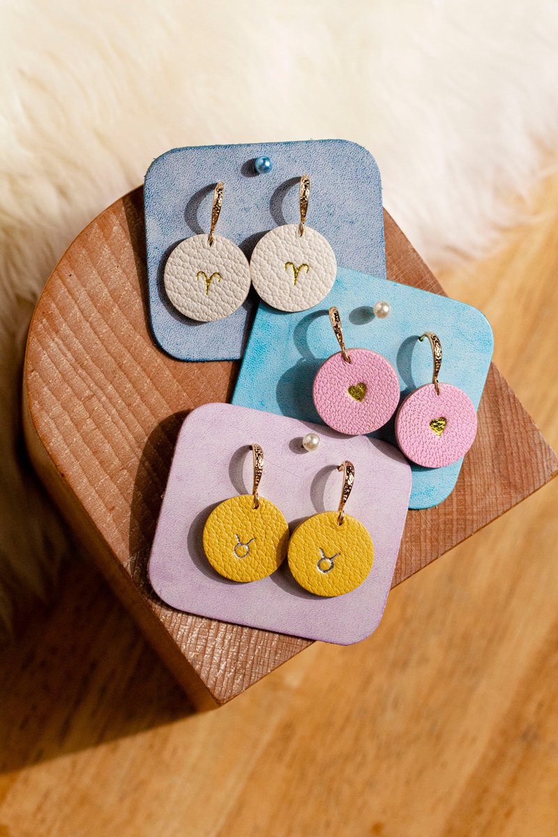 皮革耳环/真皮/法国山羊皮/防水/可刻名字 - 耳环/耳夹 - 真皮 多色