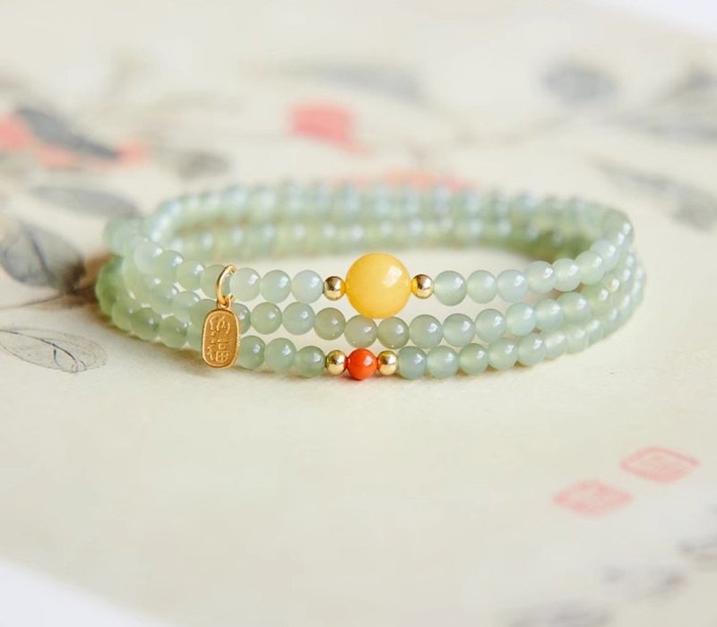 和田玉手串 小米珠叠戴 /三圈高冰玉石手链  /送男女情侣款 - 手链/手环 - 玉石 绿色