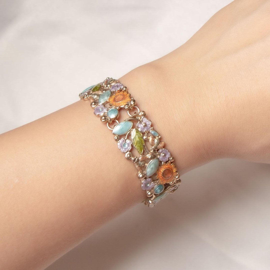 美国 Liz Claiborne 品牌古董 嫩彩花园冷珐琅装饰 淡金色手链 - 手链/手环 - 其他金属 多色