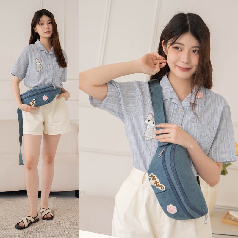 防盗包 雪纳瑞 猫掌 毛巾绣 牛仔 斜背肩背后背包【330080】 - 侧背包/斜挎包 - 棉．麻 蓝色