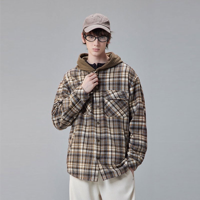 男士复古格子长袖衬衫   羊毛工装连帽外套 - 男装衬衫 - 其他材质 咖啡色