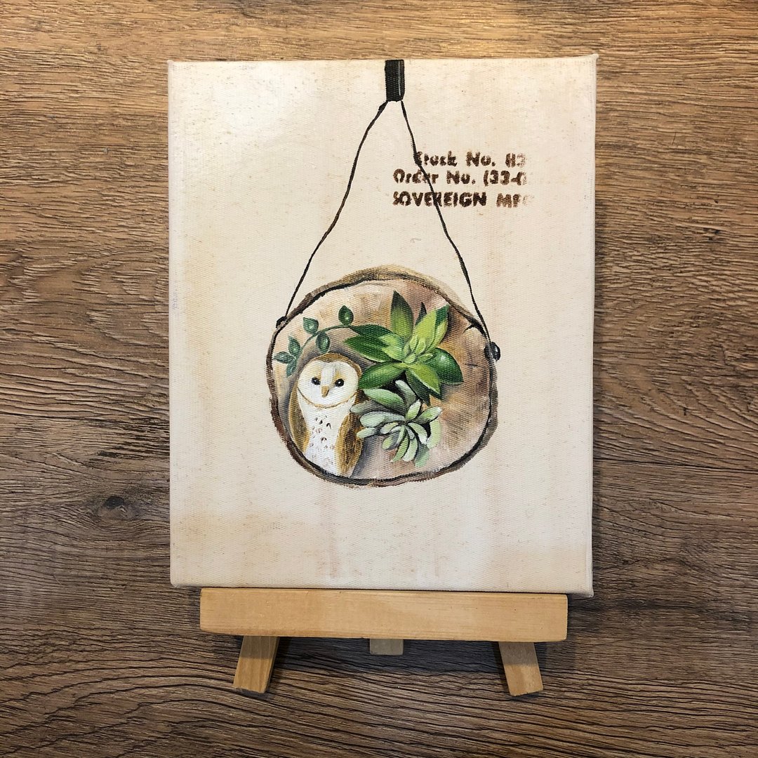 多肉猫头鹰 油画课程 压克力画 生日礼物 多肉植物 - 插画/绘画/写字 - 棉 