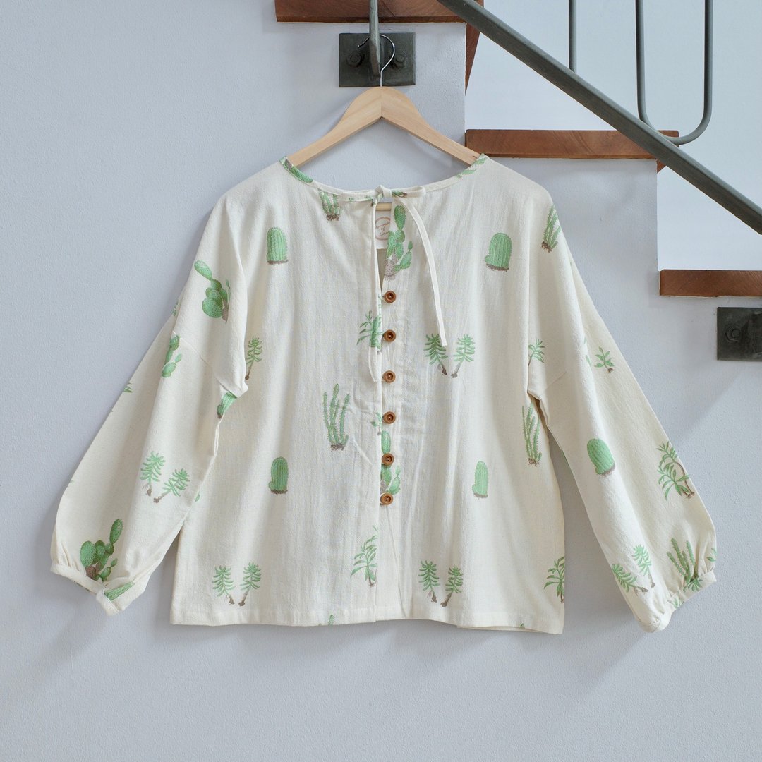 Cactus blouse/outer / 限量印制于 100% 纯棉 - 女装上衣 - 棉 绿色