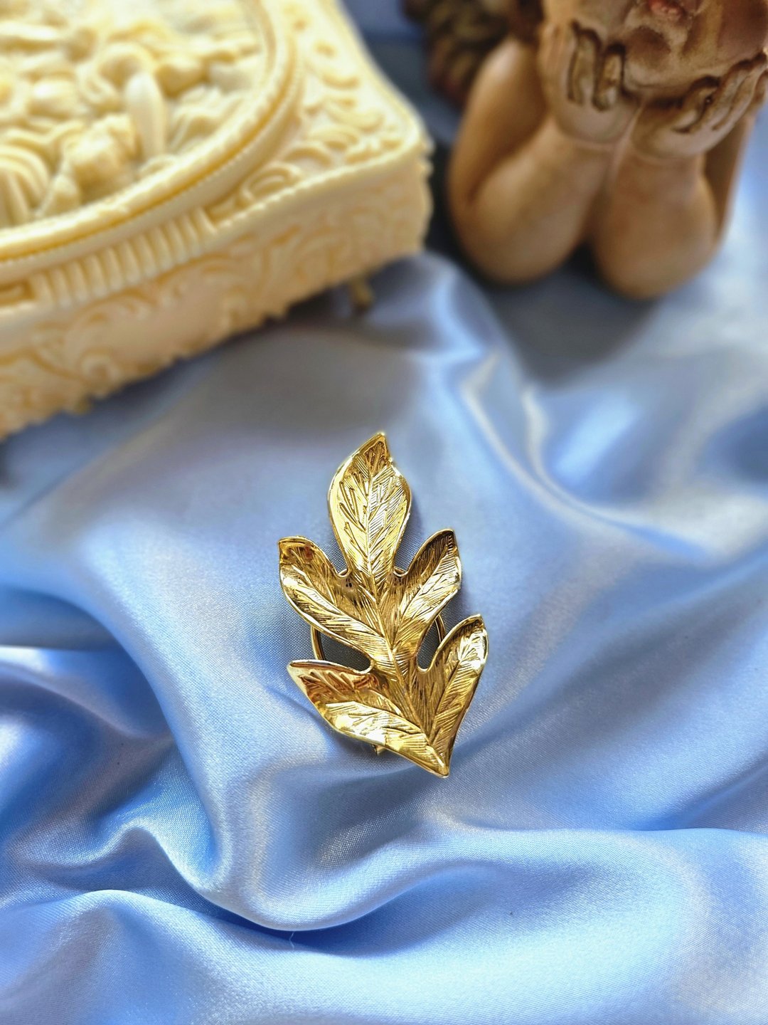 金色大观叶脉丝巾夹/复古珠宝首饰/vintage美国西洋古董饰品 - 其他 - 其他金属 