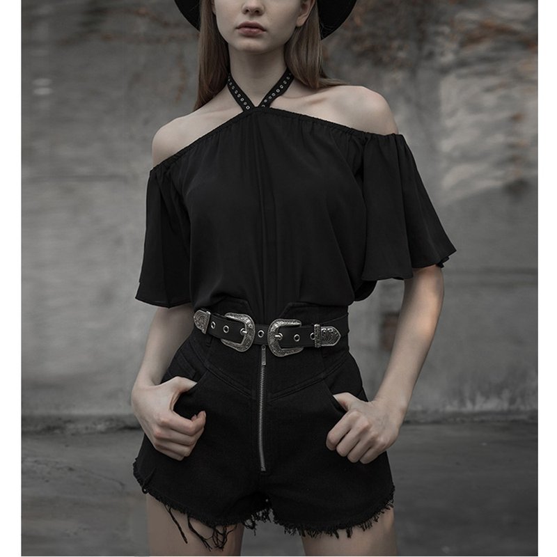 维京重金属高腰牛仔热裤 - 女装短裤 - 其他材质 黑色