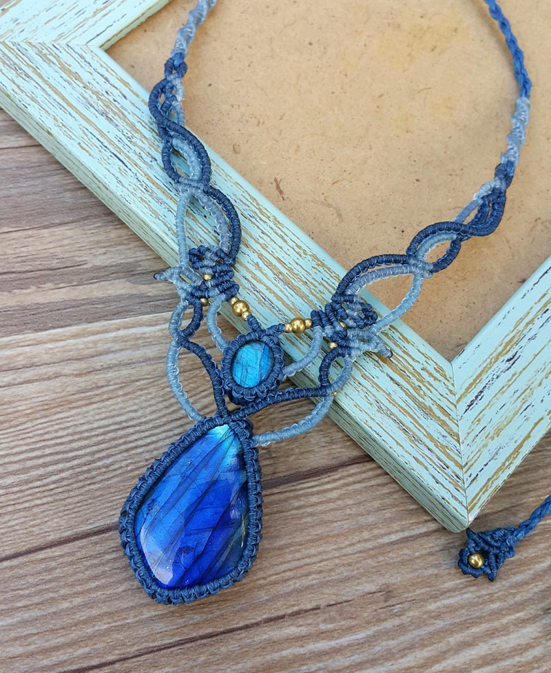 N148 波希米亚风 民族风 南美蜡线编织拉长石黄铜珠项链 - 项链 - 其他材质 蓝色