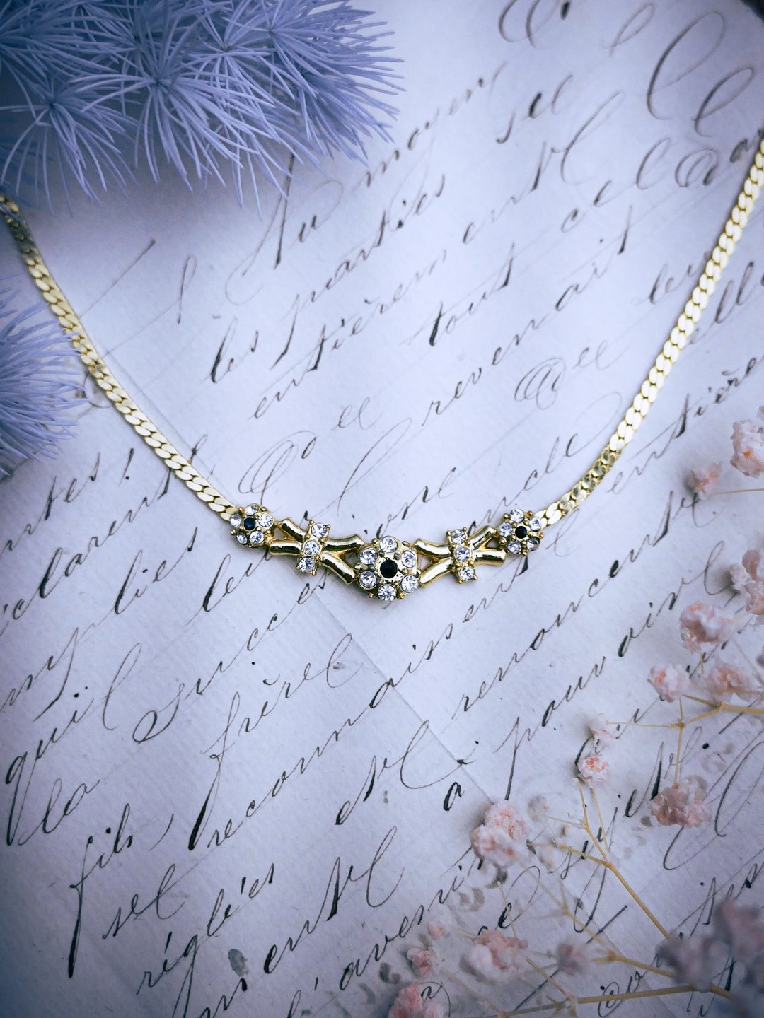 法国 80 年代老项链 蝴蝶结花串—欧洲古董首饰 Vintage Jewelry - 项链 - 其他金属 