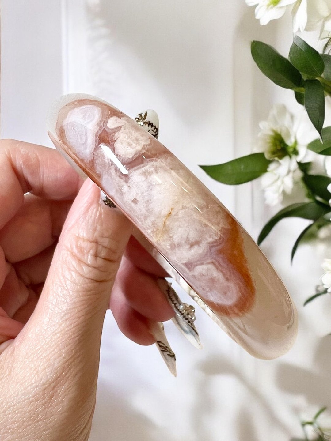 樱花玛瑙手镯 玛瑙手镯高冰炸花带红勾边招好运卷川实花风53-54 - 手链/手环 - 玉石 
