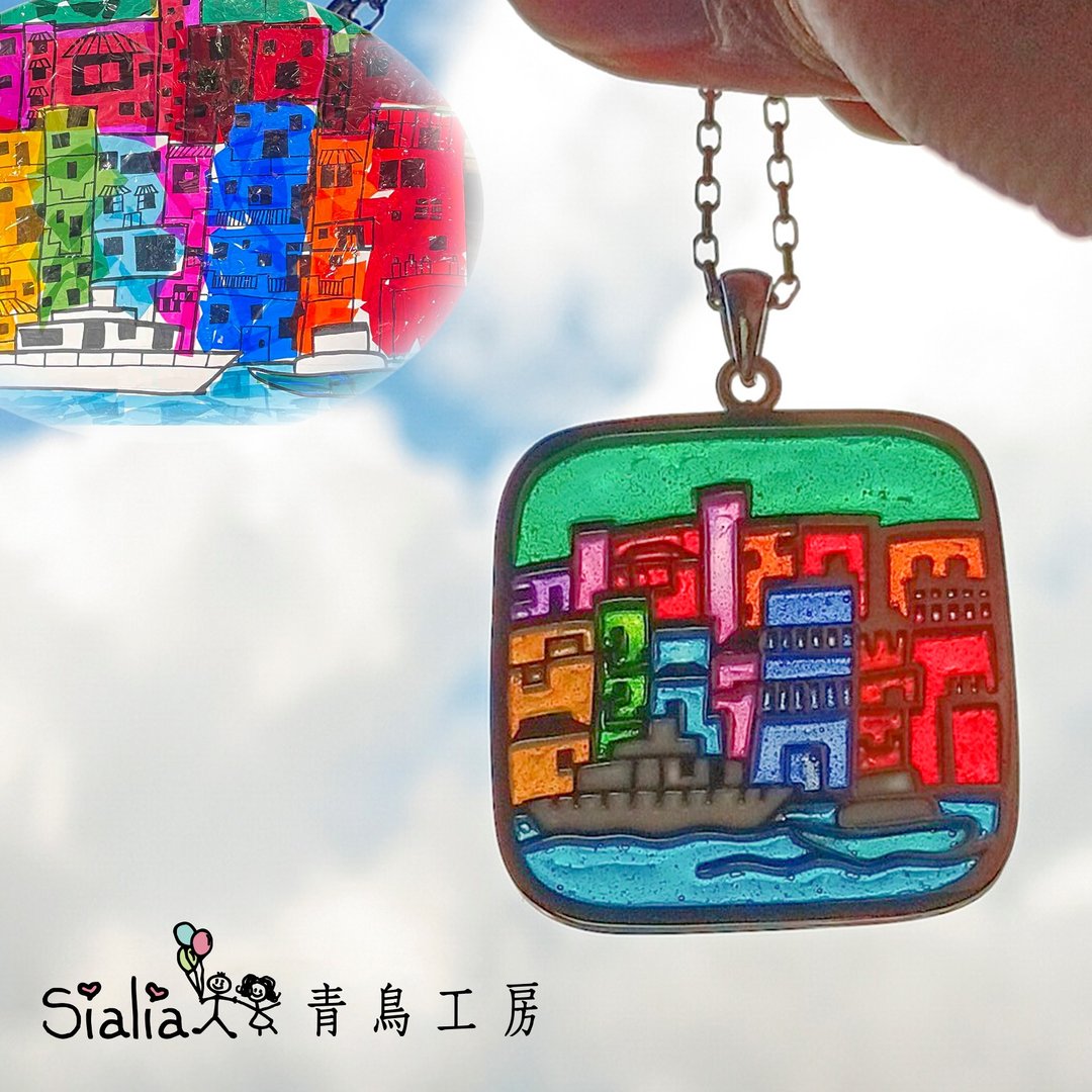 亲子珠宝 把小孩的涂鸦变成纯银首饰 平面珐琅 - 项链 - 纯银 多色