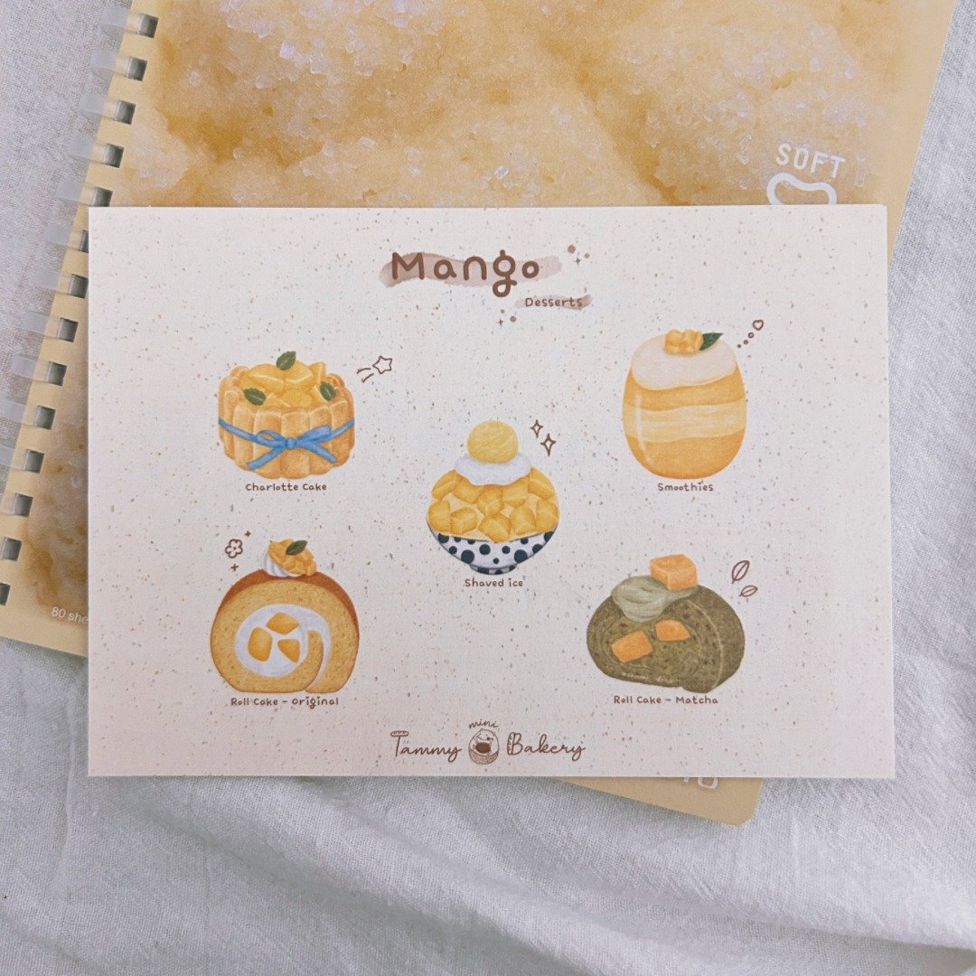 手绘明信片 芒果甜点 | 图鉴 万用卡 生日卡 食物 甜点 插画 水果 - 卡片/明信片 - 纸 多色