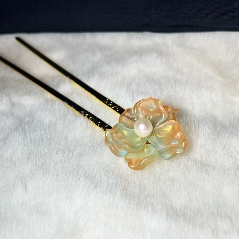 石绿橙金樱草花形珍珠发簪 · 一物一图 · - 其他 - 琉璃 橘色