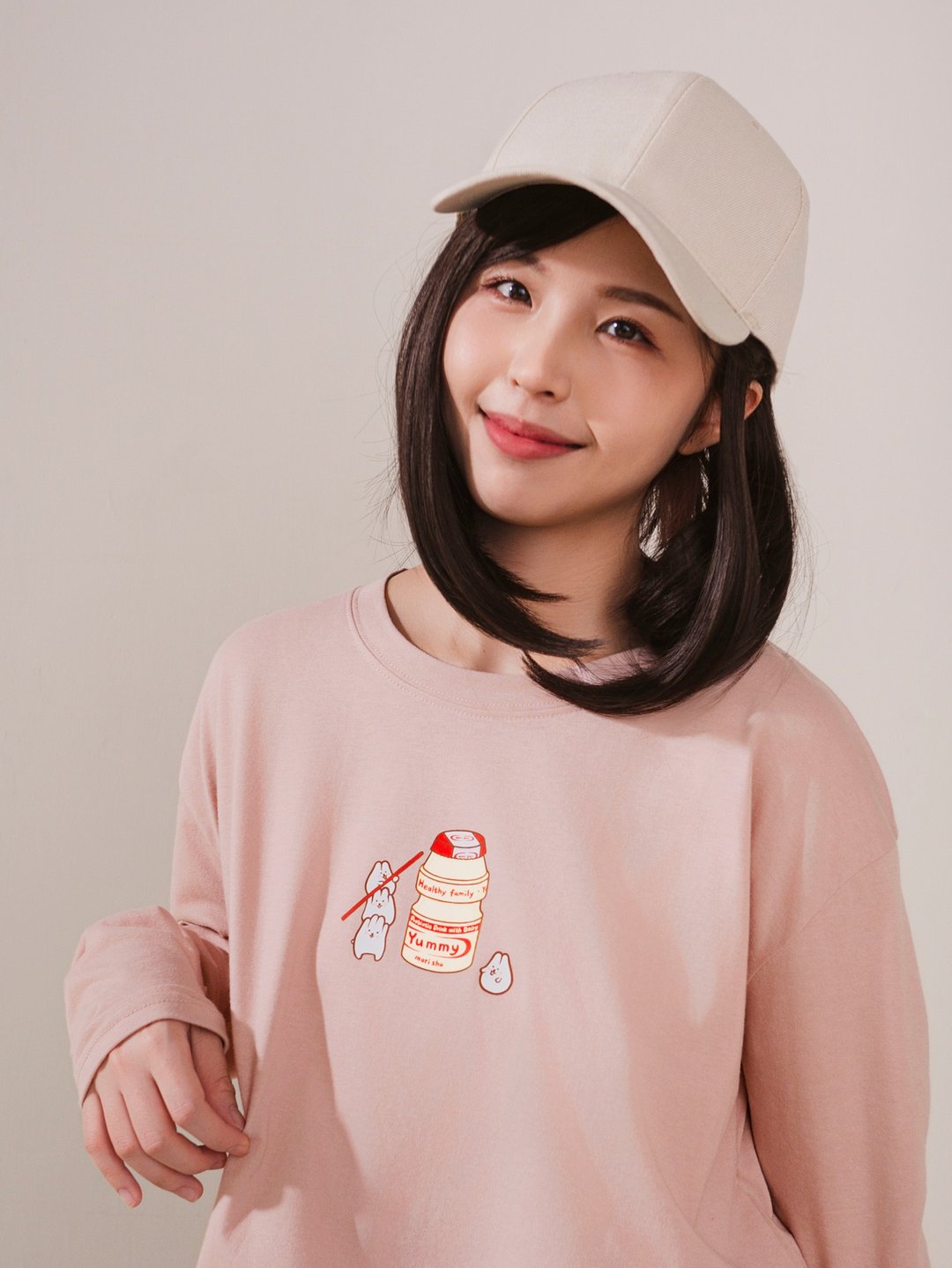 短版层次感薄长袖衣-麻糬兔多多 - 女装上衣 - 棉 粉红色