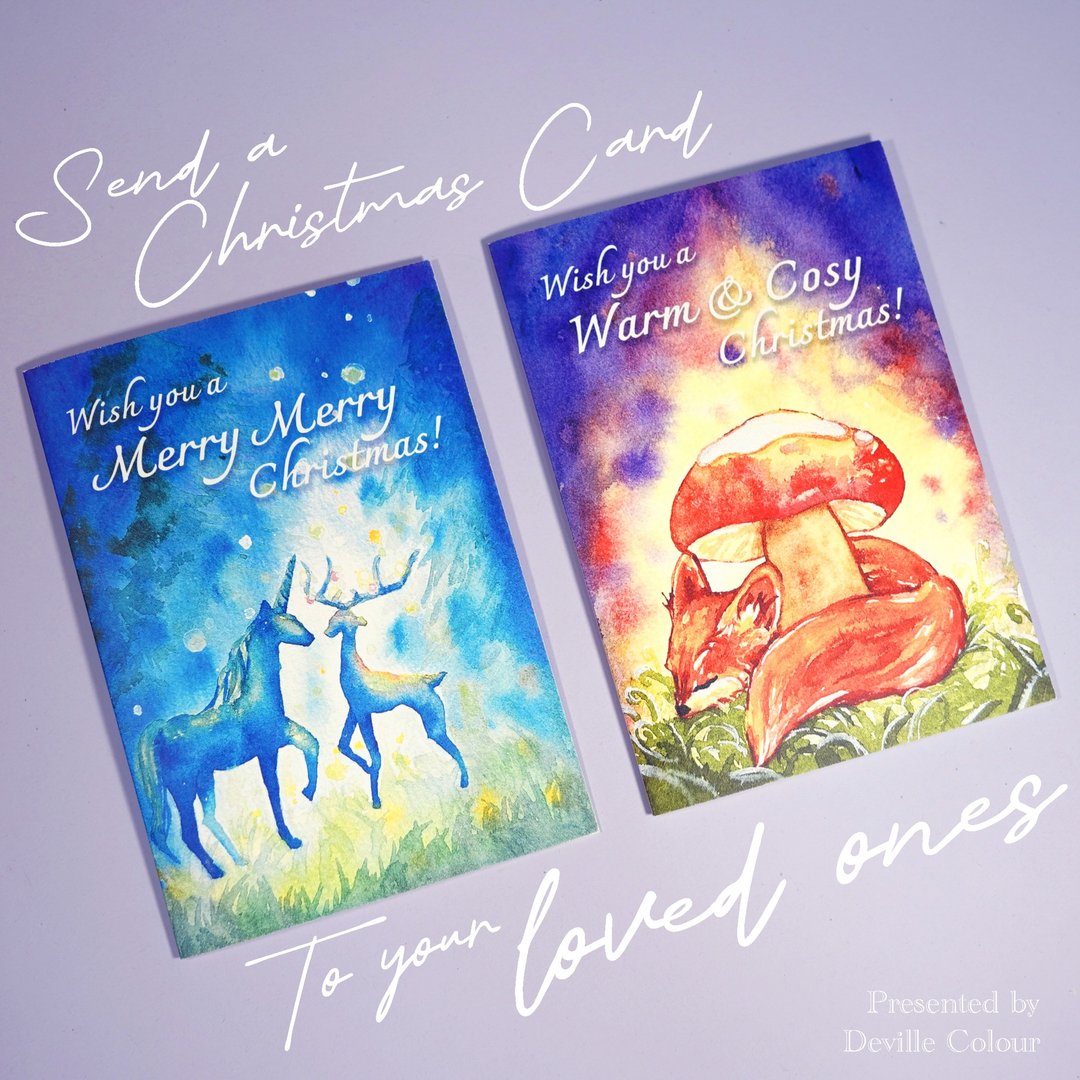 【 Christmas Card】加厚哑光纸 水彩童话 圣诞咭 狐狸 鹿 独角兽 - 卡片/明信片 - 纸 蓝色