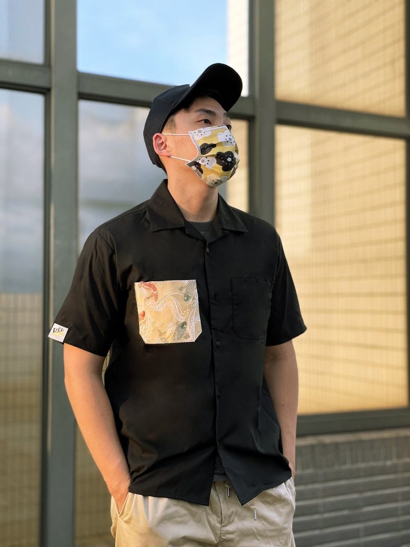 【定制化礼物】  西阵织开襟mix工装风衬衫男生版~黑色 - 男装衬衫 - 棉．麻 黑色