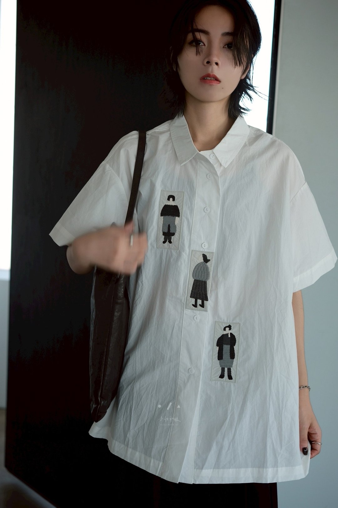 你和我和他三个人宽松短袖衬衫 - 2色 - 白 - 女装衬衫 - 棉 白色