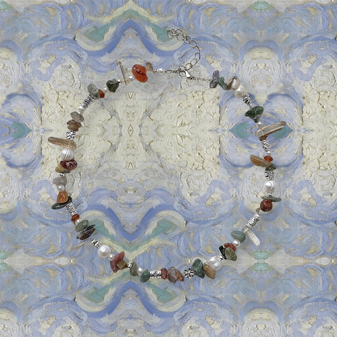 Stone necklace mixed with freshwater pearls - 项链 - 石头 多色