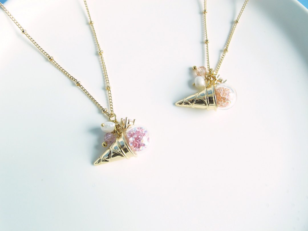 Rosy Garden 雪糕 甜品 冰淇淋水晶球镀金颈链 姊妹礼物 - 颈链 - 玻璃 粉红色
