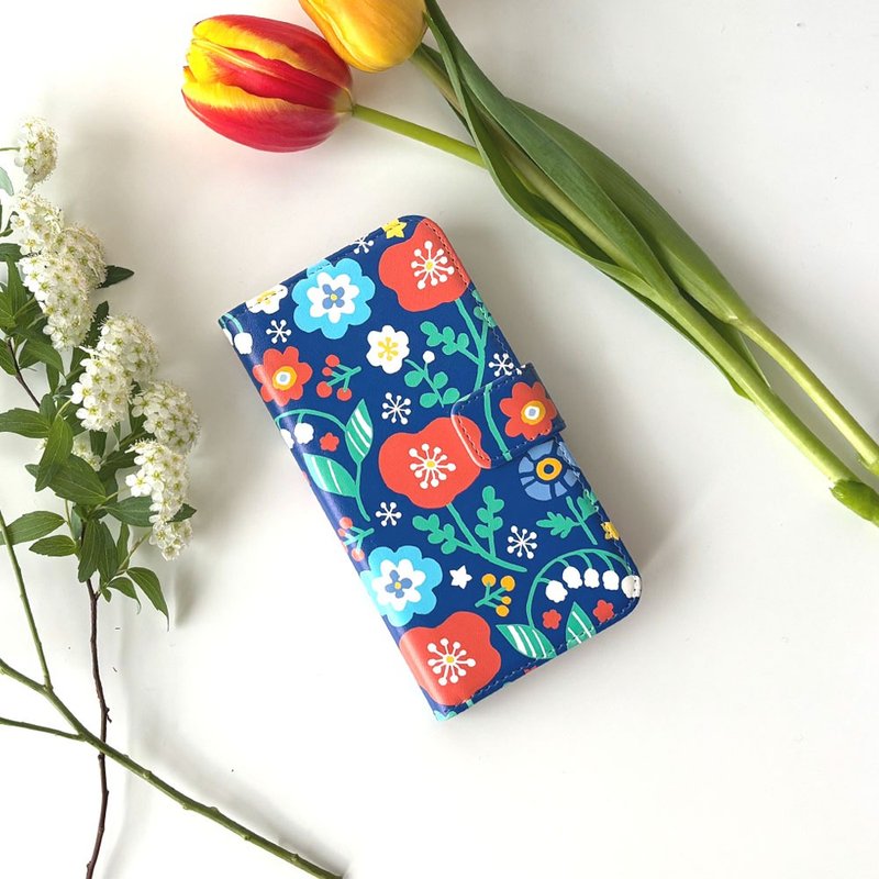 【手帐型手机壳】Flowers - Navy - - 手机壳/手机套 - 人造皮革 多色
