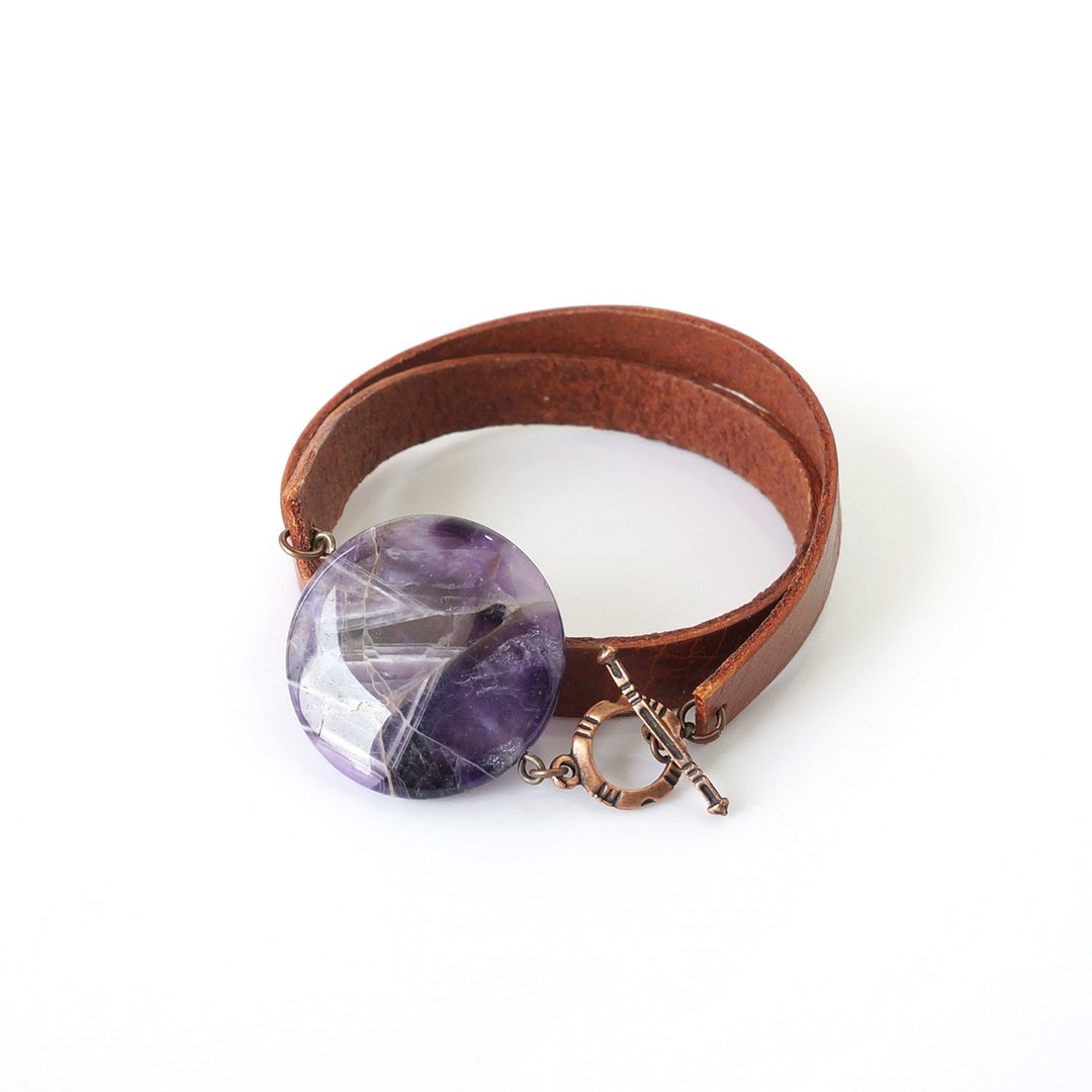 圆扁紫水晶石手链配棕色皮革 // Brunn Amethyst Double Leather - 手链/手环 - 真皮 紫色