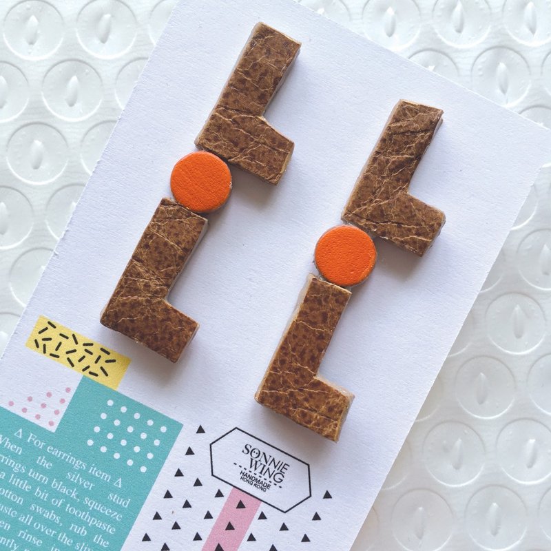 节日礼物 LoL配色皮革耳环 纯银耳针 - 耳环/耳夹 - 真皮 咖啡色