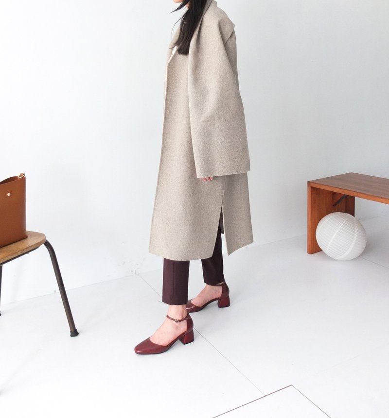 浅摩卡/米腰绑带双层双面穿cashmere羊毛大衣附围巾 - 女装休闲/机能外套 - 羊毛 