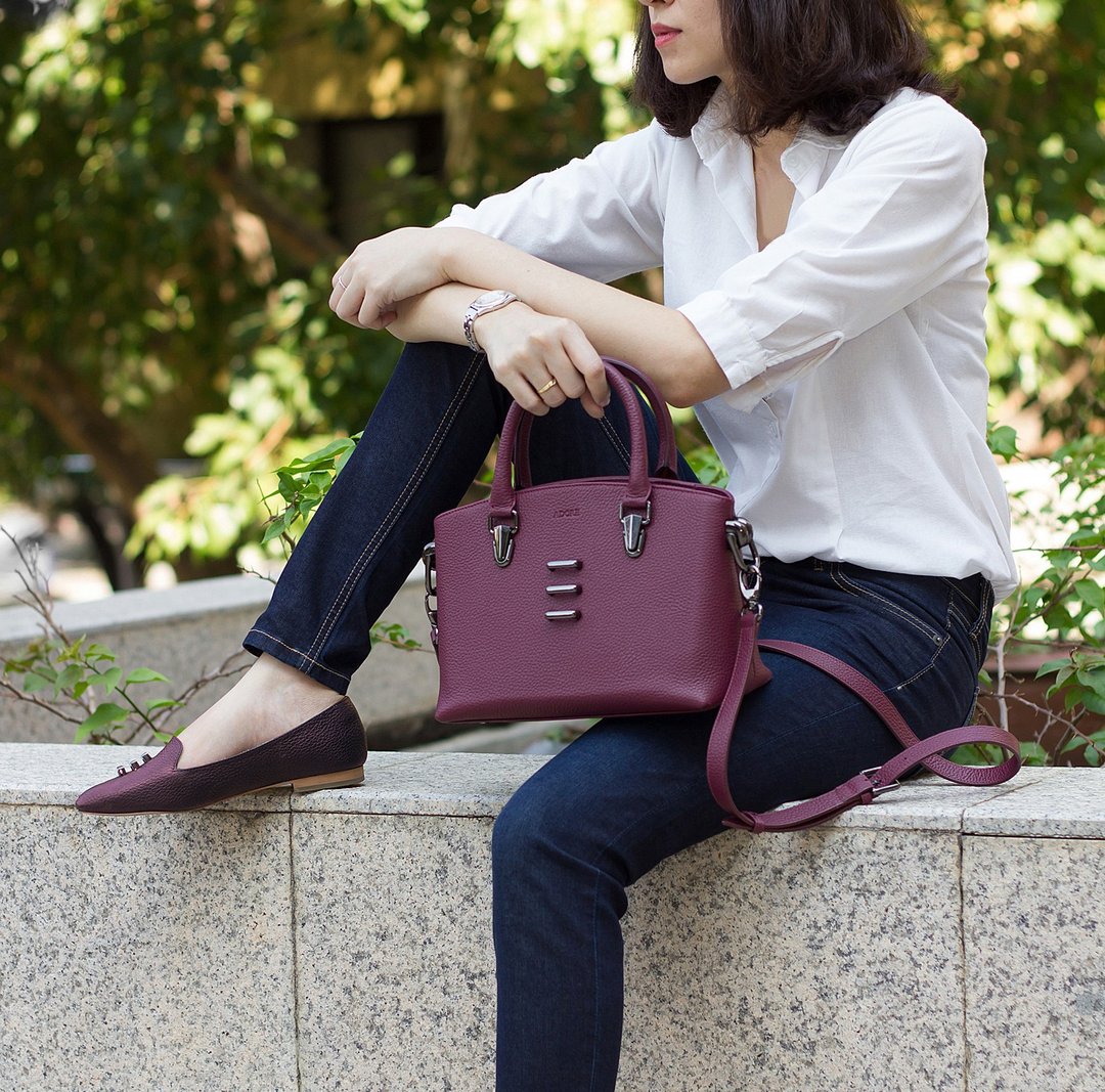 DARK MAROON STRUCTURED HANDBAG - 手提包/手提袋 - 真皮 紫色