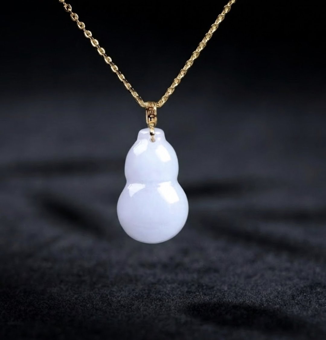 白翡翡翠葫芦项链 18K 金坠头 | 天然缅甸玉翡翠 A 货 | 送礼 - 吊饰 - 玉石 白色