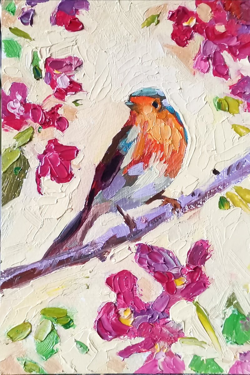 Robin Painting 油畫原作 Oil Bird 手工油畫 油畫 Original Art Animal Artwork 掛畫 by Verafe - 海报/装饰画/版画 - 其他材质 紫色