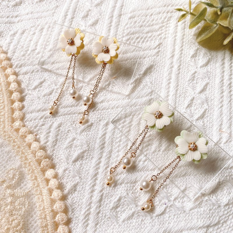 双色四叶花耳环 | 黏土耳环 - 耳环/耳夹 - 粘土 黄色