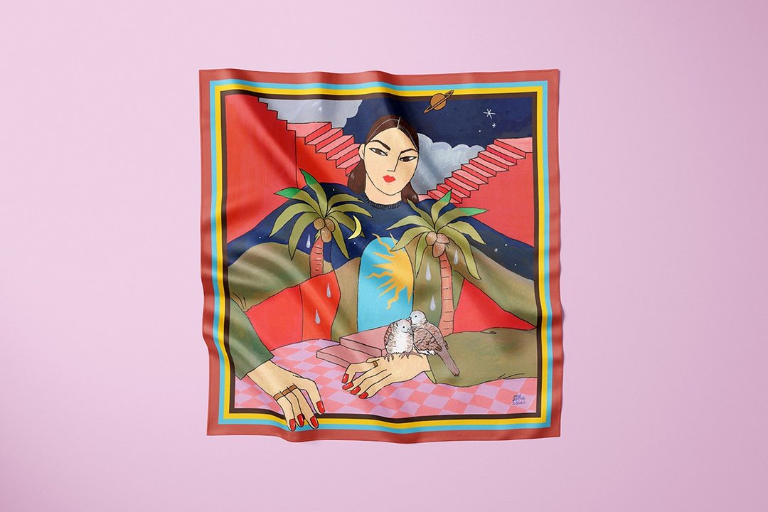 Midnight and Morning - Woman and Bird silk polyester scarf - 丝巾 - 其他人造纤维 