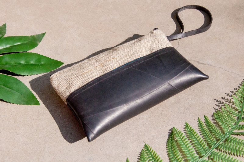 回收设计车轮橡胶拼接棉麻化妆包  悠游卡套 手机包 手拿包-自然 - 手拿包 - 棉．麻 黑色