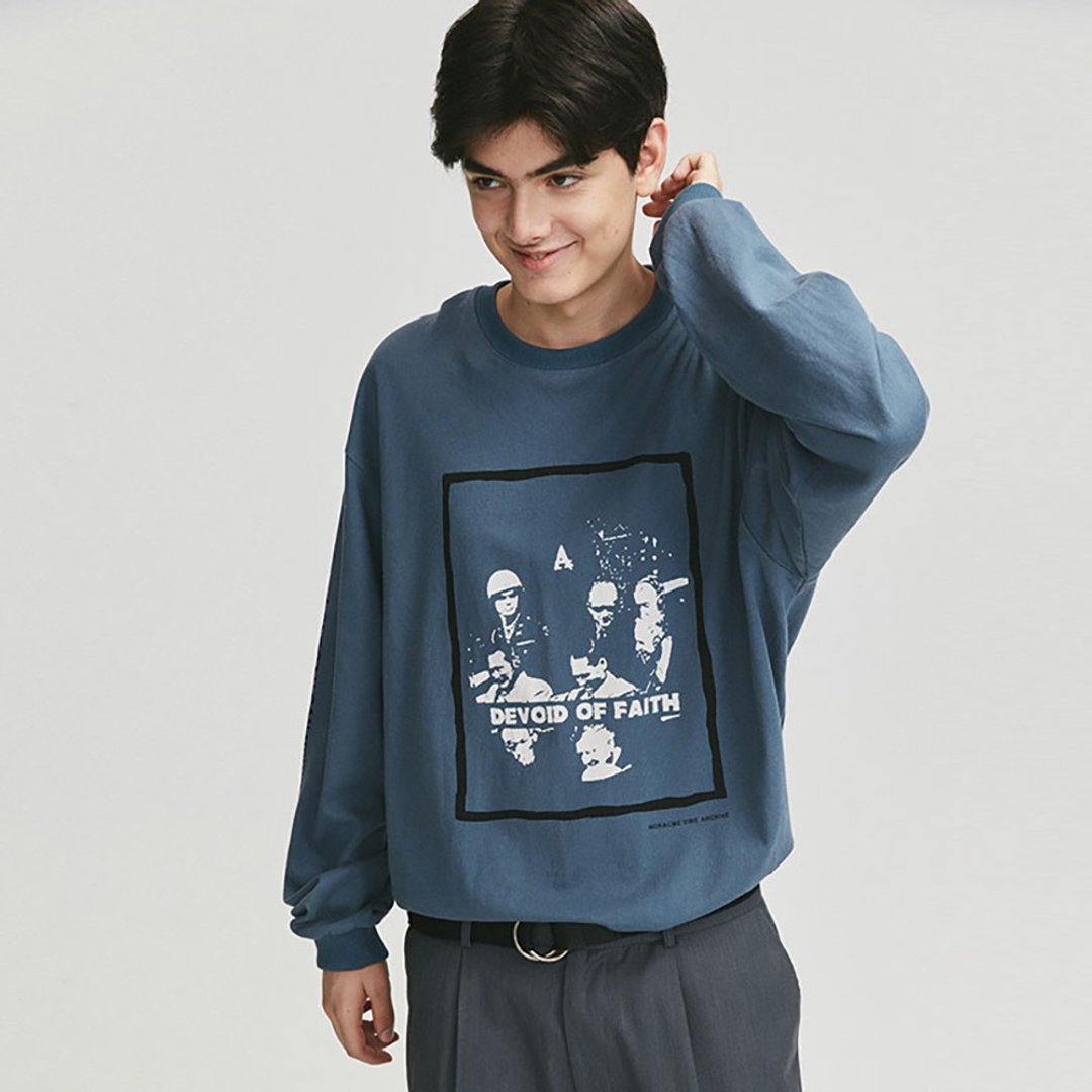 MOKACME 20FW 黑胶人像印花长袖T恤情侣装 - 男装上衣/T 恤 - 棉 蓝色