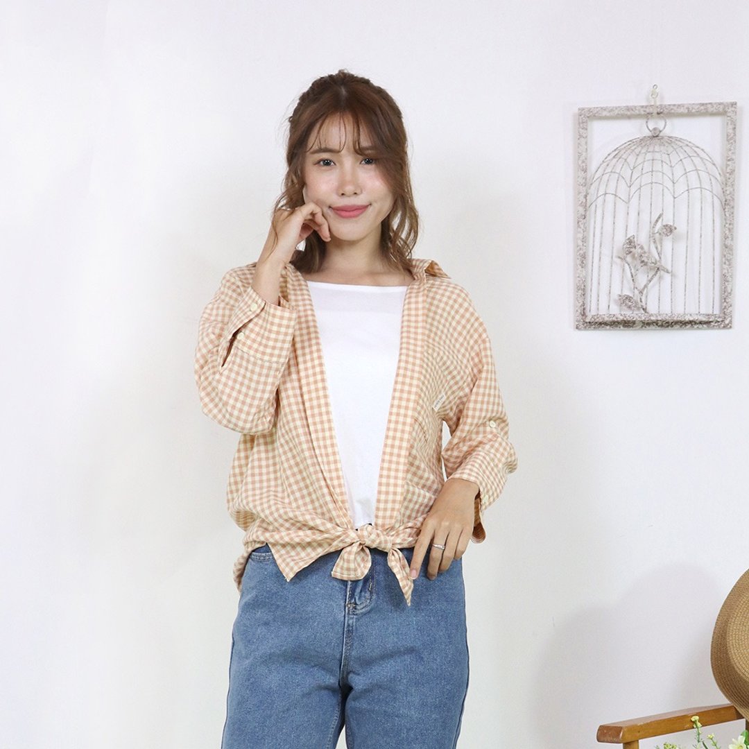 Hana Mokuba 假两件细格纹上衣 - 女装上衣 - 其他材质 