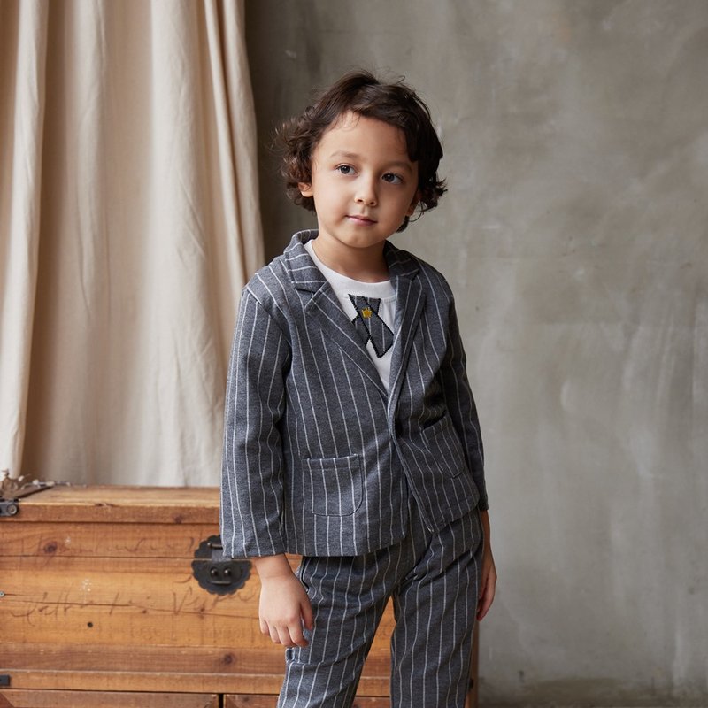 Charles系列灰色直条西装外套裤子三件组 - 童装礼服/连衣裙 - 棉 灰色