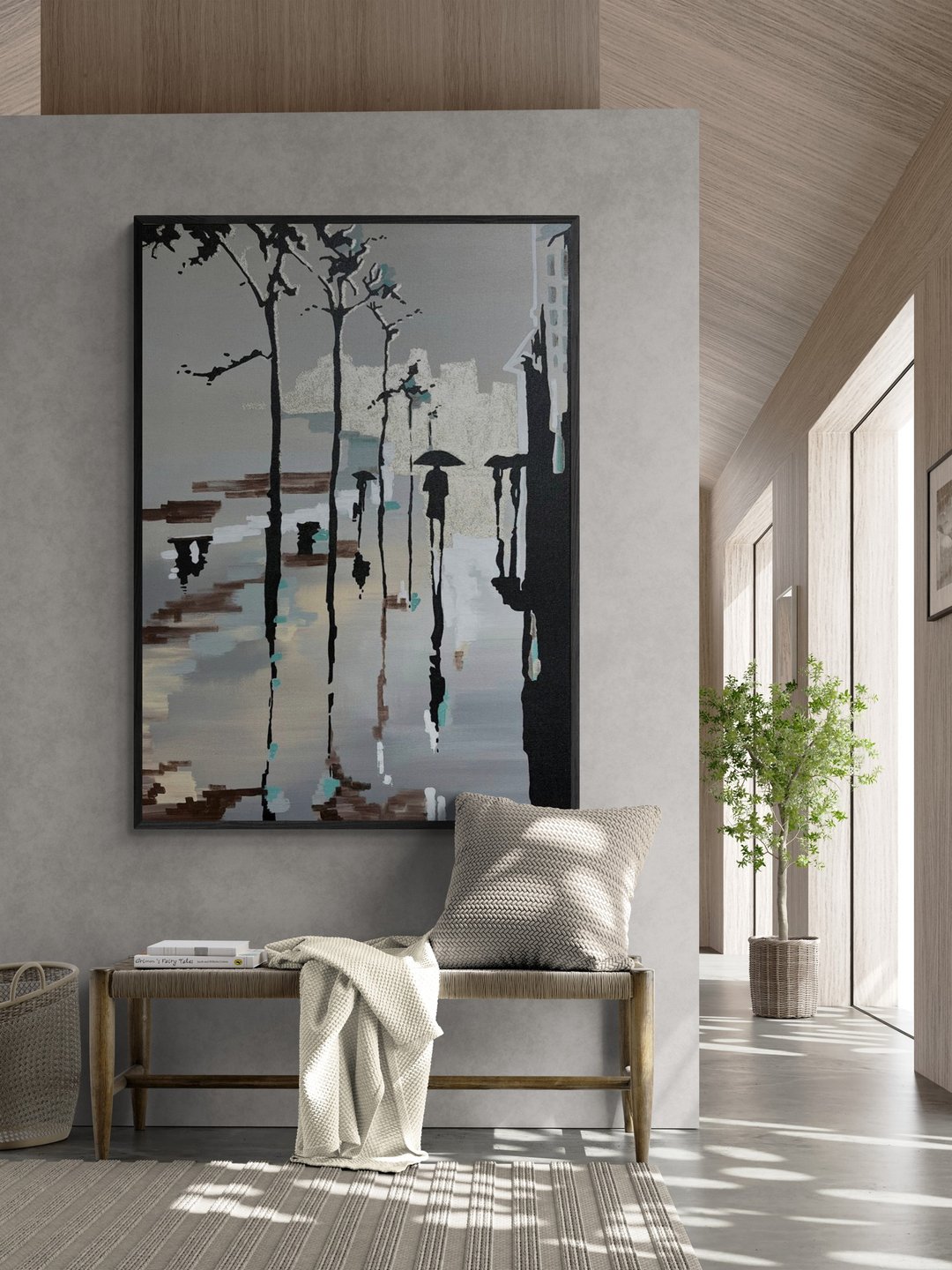 大型抽象白色蓝绿油画布原画 - 墙贴/壁贴 - 棉 卡其色