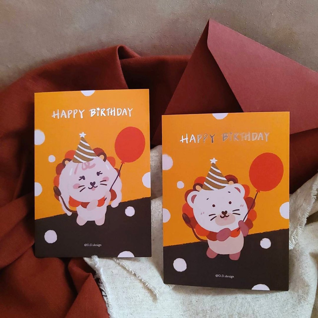 【星座系列】烫金生日卡 明信片 / 狮子宝宝 (附信封) - 卡片/明信片 - 纸 橘色