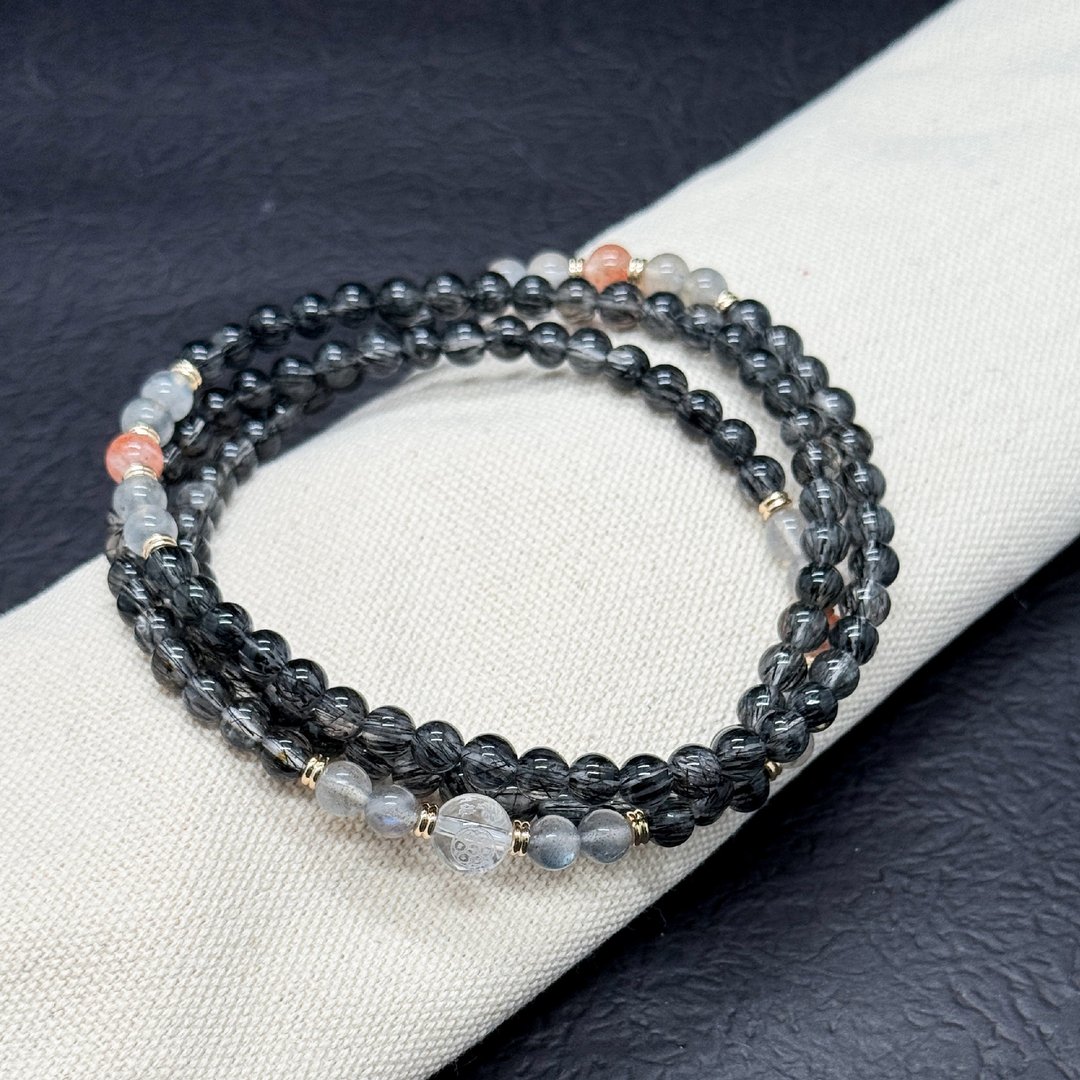 Zen | 108念珠 108 Beads 黑发晶 灰月亮 太阳石 文殊菩萨咒心 - 手链/手环 - 水晶 