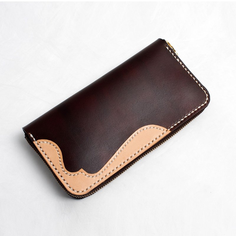 【切线派】手工真皮拉链长款钱包角花款 - 手拿包 - 真皮 咖啡色