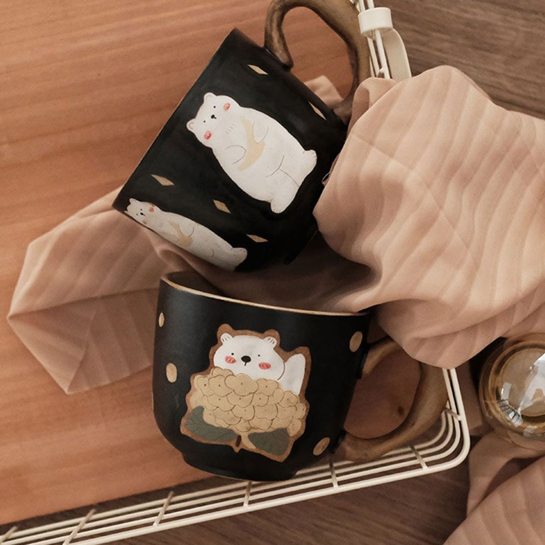 超大熊與兔手繪馬克杯 / 日式可愛牛奶杯 / 家用陶瓷杯 - 咖啡杯/马克杯 - 瓷 黑色