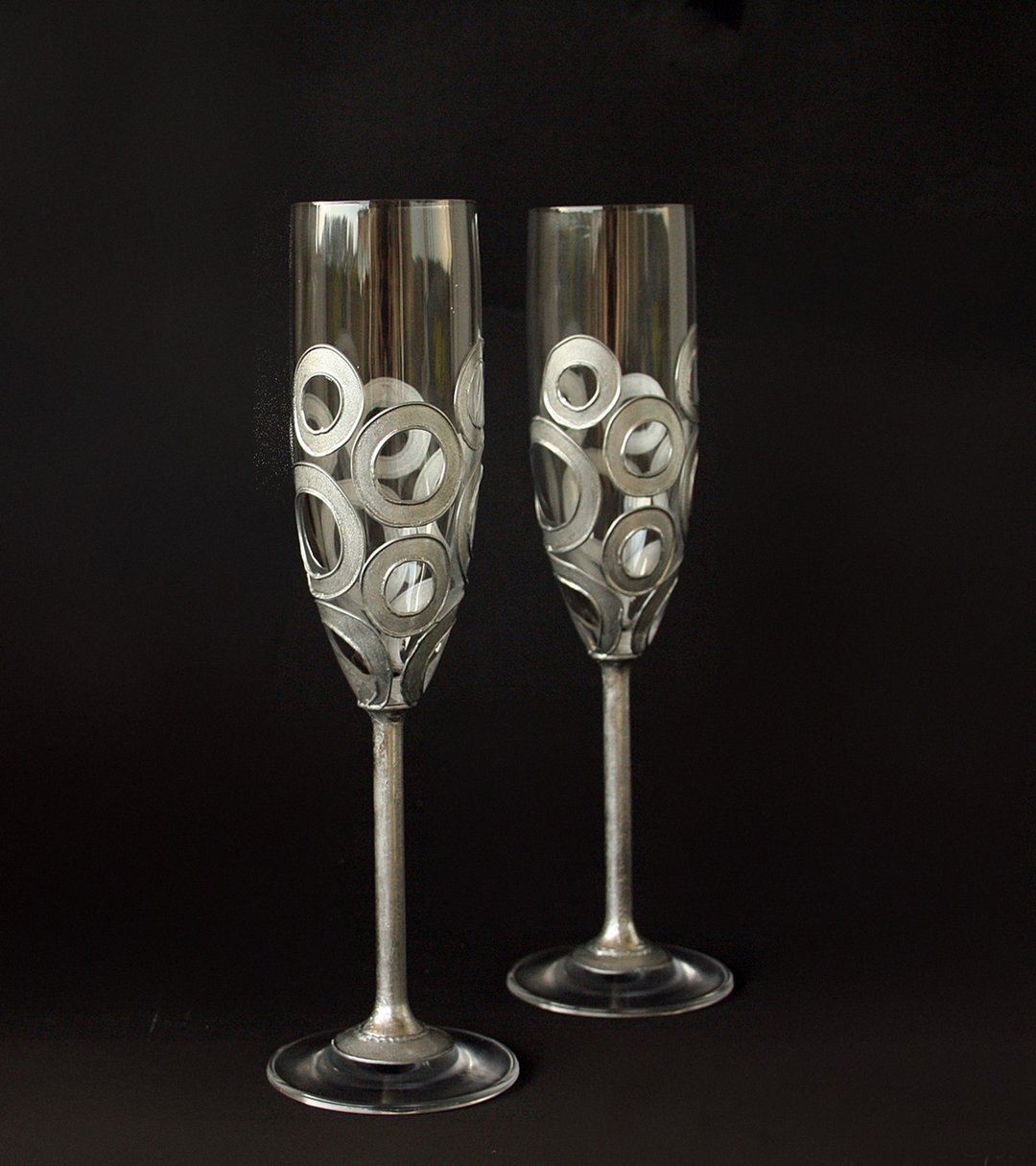 Wedding Glasses Wine Champagne Hand Painted Set of 2 - 酒杯/酒器 - 玻璃 银色