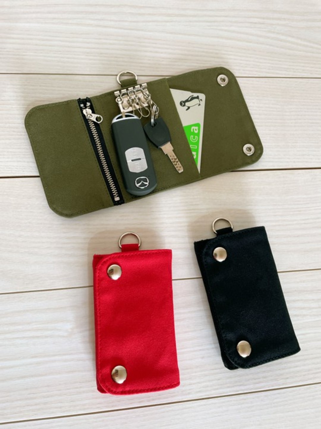 Kurashiki Canvas Tri-Fold Key Case 4 Row Smart Key Case Card Case Coin Case Khaki, Red, Black - 钥匙链/钥匙包 - 棉．麻 
