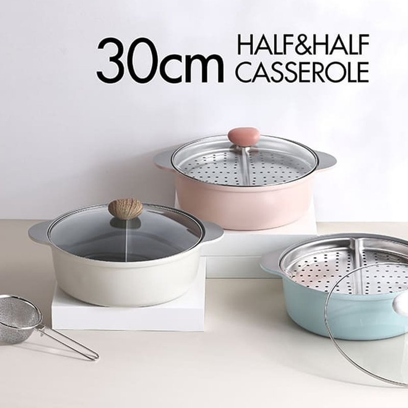 韩国制 Neoflam 30cm双耳鸳鸯锅连蒸笼 - 锅具/烤盘 - 其他金属 粉红色