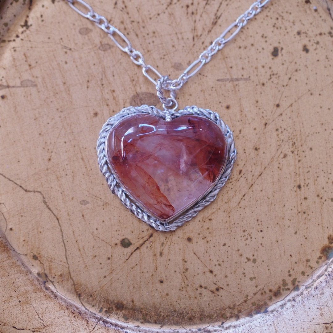 红胶花水晶 胶花水晶 手工纯银项链 Red Hematoid Quartz - 项链 - 水晶 红色