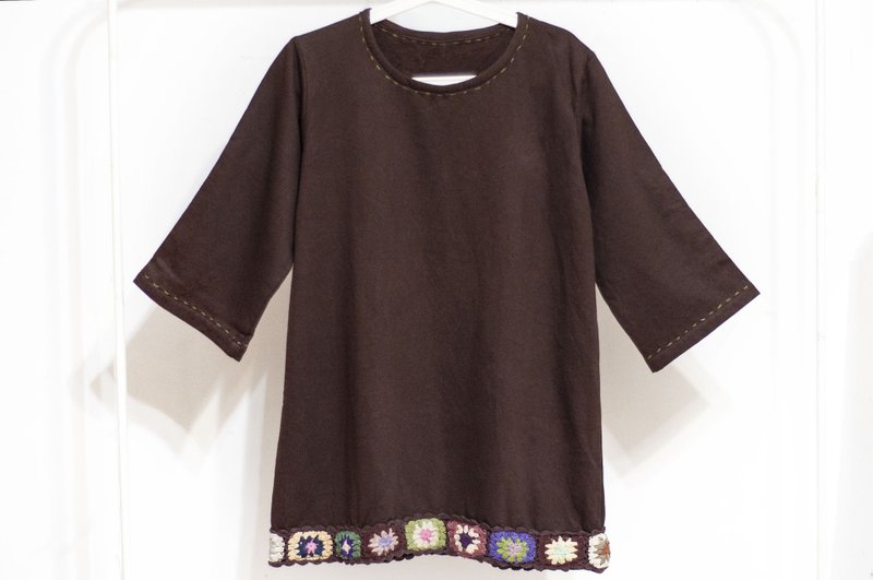 女装 尼泊尔 日本服装 保暖上衣 咖啡色 巧克力色圣诞礼物 内刷毛上衣/拼接长袖上衣/波希米亚风/钩织花朵-北欧的花园风 - 女装上衣 - 棉．麻 多色